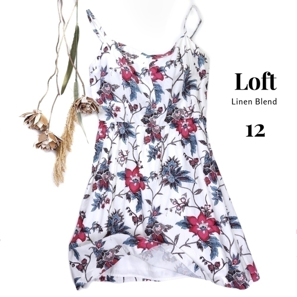 Dresses & Skirts - ❤️Loft White Blue Pink Floral Linen Blend Dress Sz 12